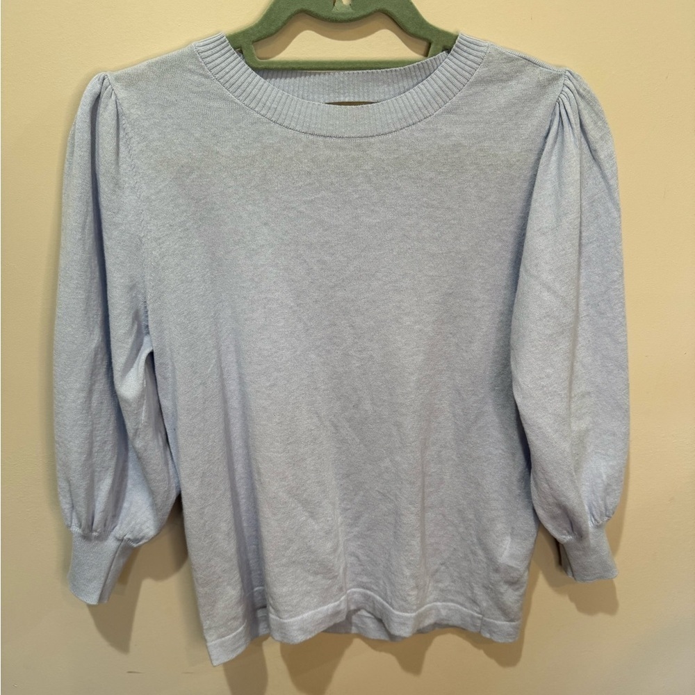 LILLA P rib trim puff sleeve sweater in light blue sz XS